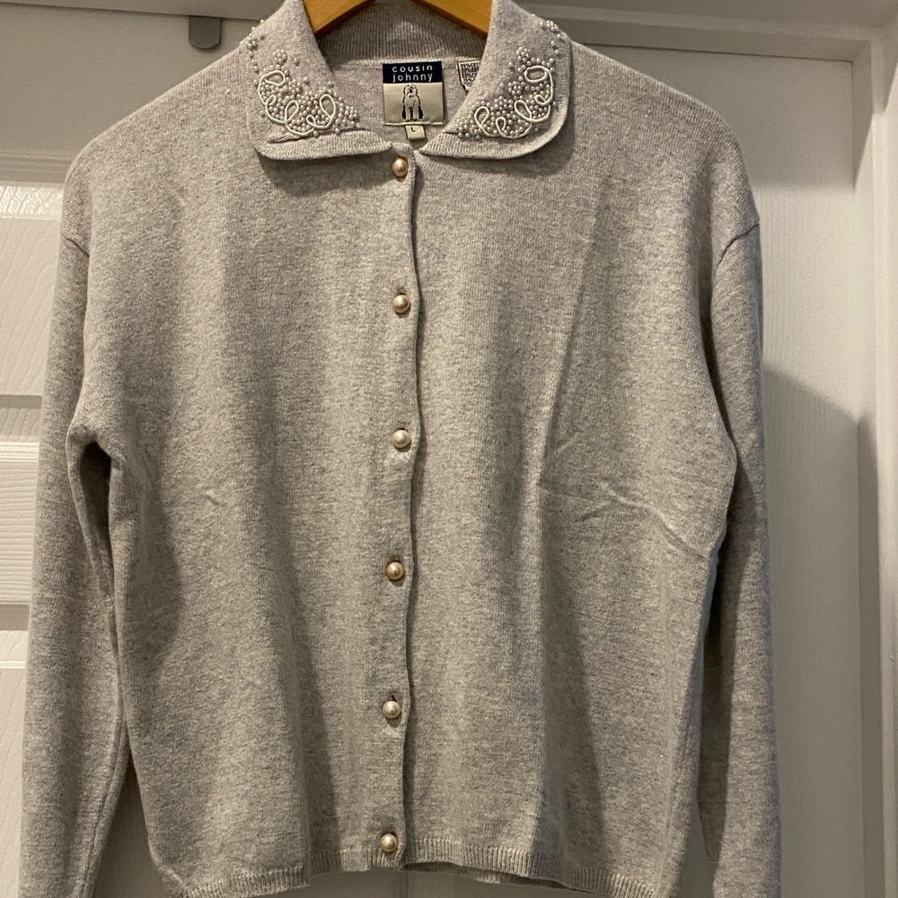 Cousin Johnny Gray Cardigan with Embroidered Pearly Collar